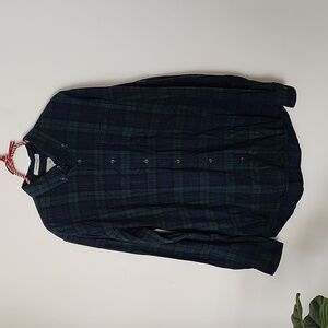 LL Bean button up flannel slightly fitted  green blue plaid mens size Large